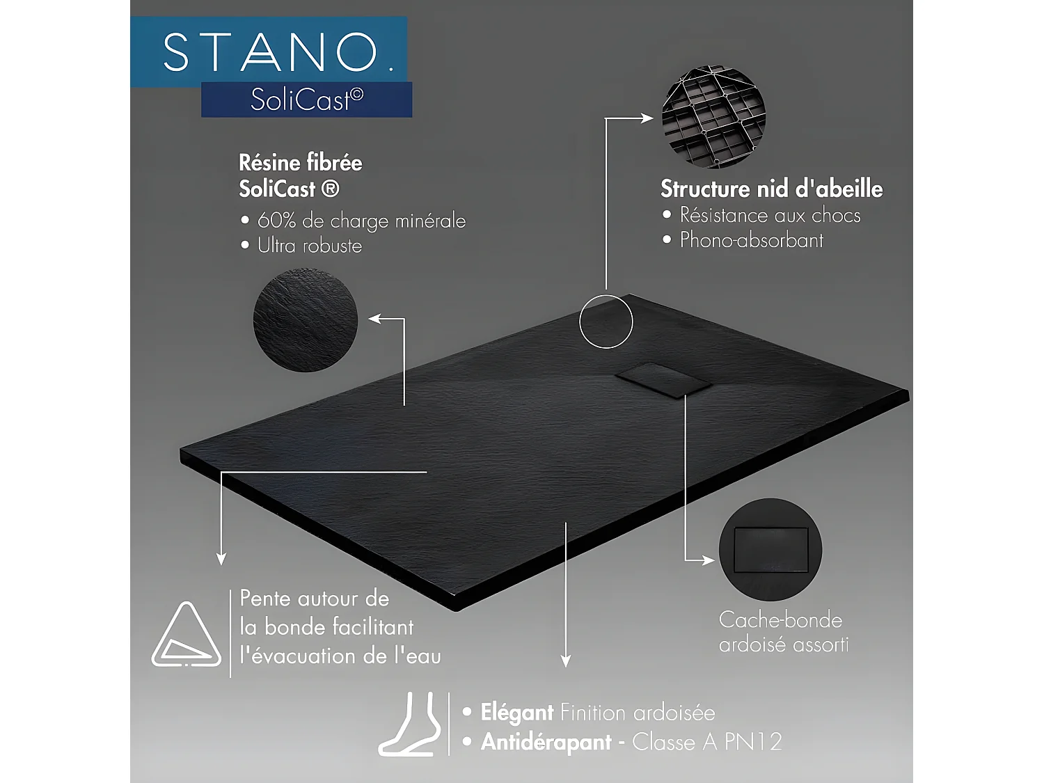 Kit Piatto doccia ultrasottile 90 x 90 cm PIATTO Grigio + Colonna doccia termostatica Finitura cromata