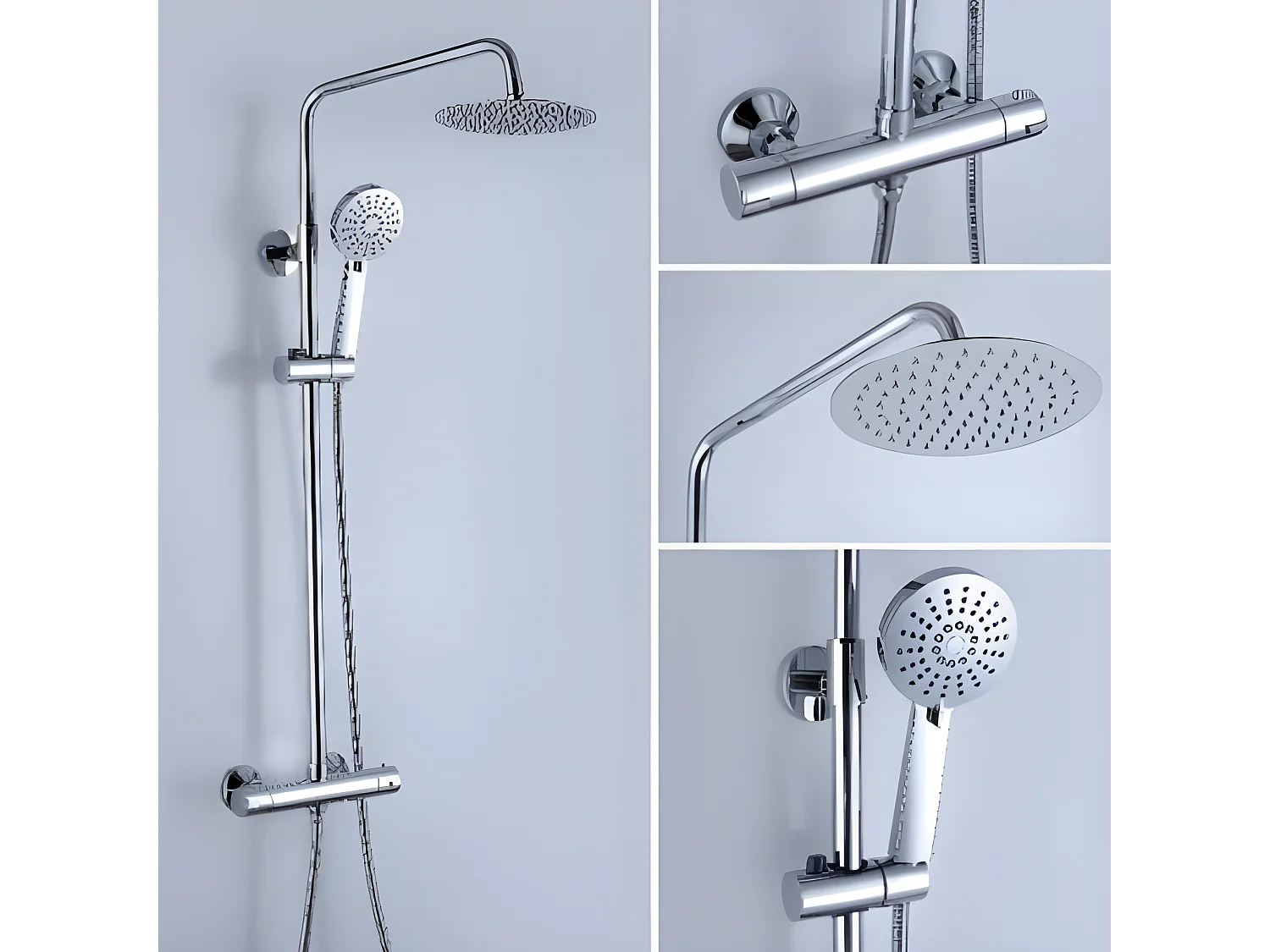 Kit Piatto doccia ultrasottile 90 x 90 cm PIATTO Grigio + Colonna doccia termostatica Finitura cromata