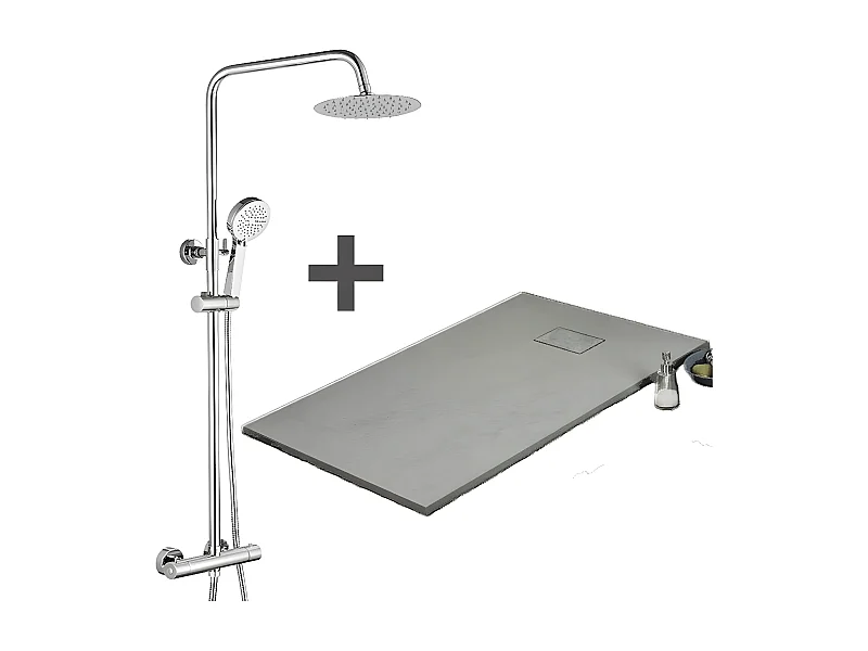 Kit Piatto doccia ultrasottile 90 x 90 cm PIATTO Grigio + Colonna doccia termostatica Finitura cromata