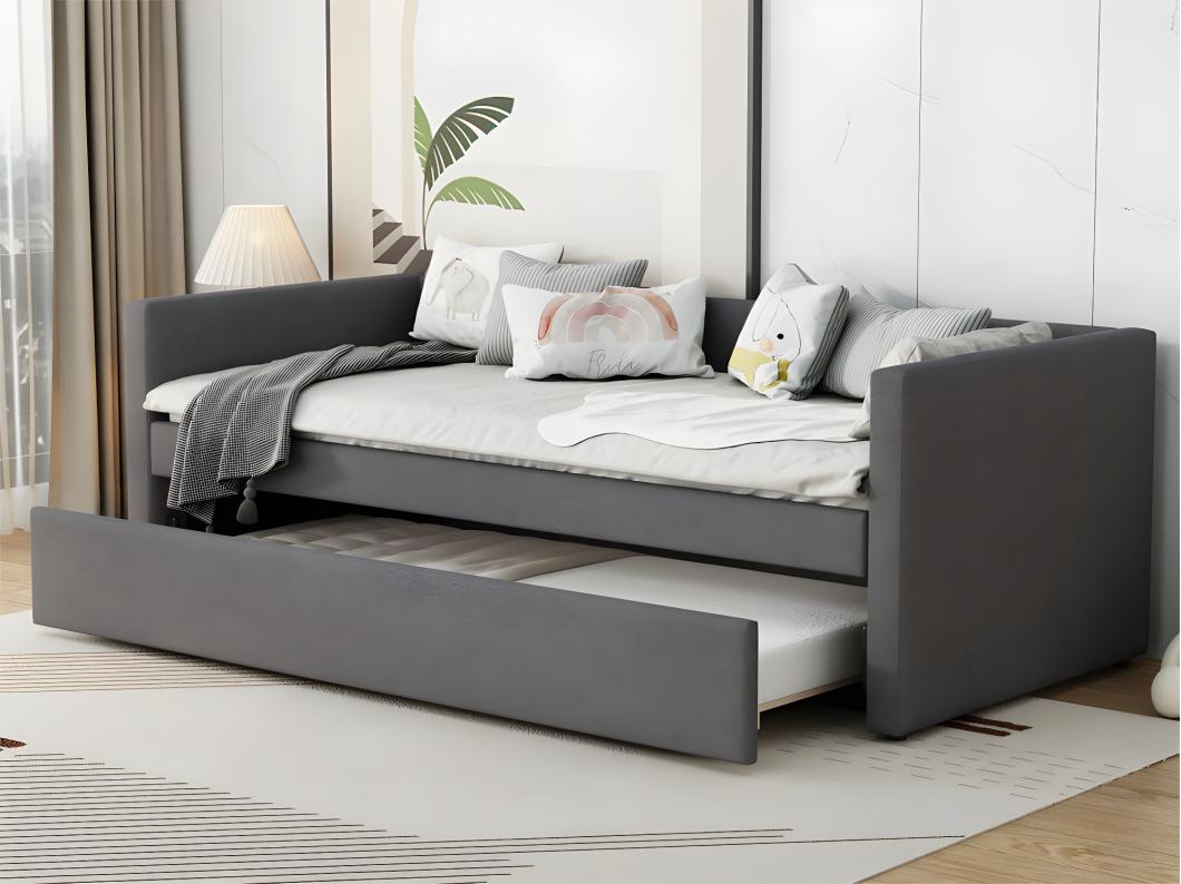 Cama nido multifuncional con cama plegable - 90x200 cm - tejido de lino - Gris