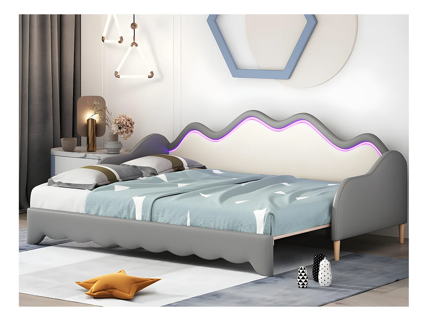 Lit gigogne tirable 90(180)x190 cm - en similicuir - avec éclairage LED et sommier à lattes - Gris