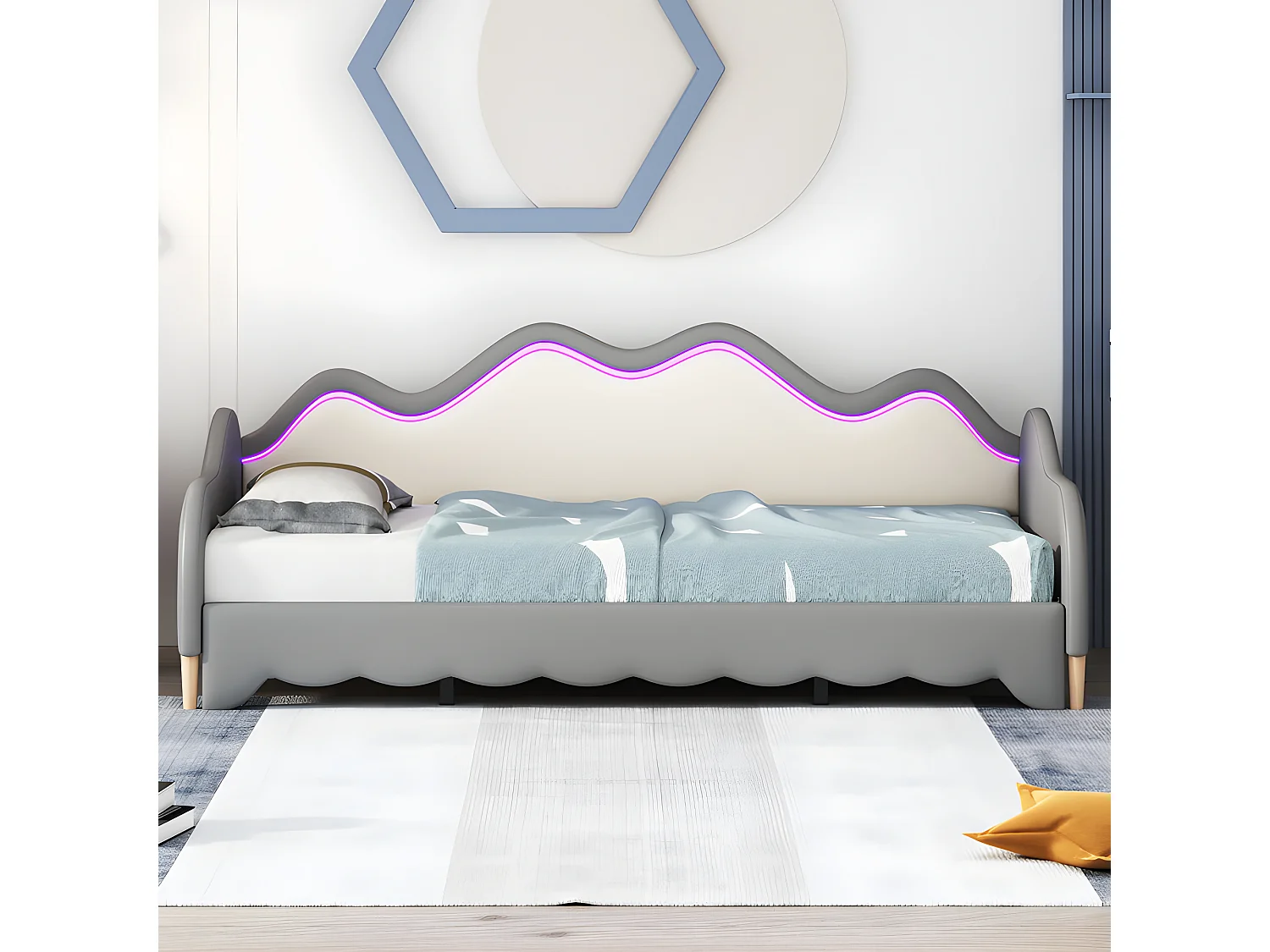 Uitschuifbaar onderschuifbed 90(180)x190 cm - in kunstleer - met LED-verlichting en lattenbodem - Grijs