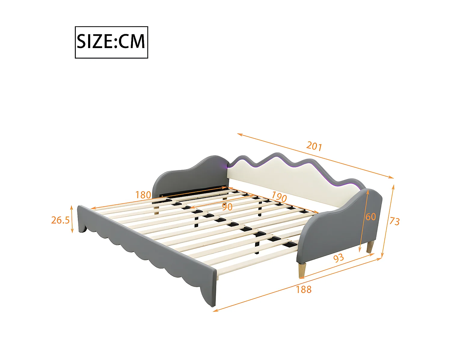 Uitschuifbaar onderschuifbed 90(180)x190 cm - in kunstleer - met LED-verlichting en lattenbodem - Grijs