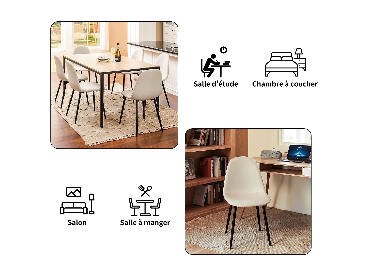 URBAN MEUBLE Lot de 4 chaises salle à manger scandinave tissu blanc cassé pieds noir 44*53*87cm