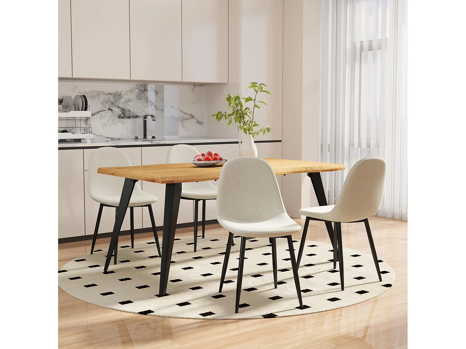 URBAN MEUBLE Lot de 4 chaises salle à manger scandinave tissu blanc cassé pieds noir 44*53*87cm