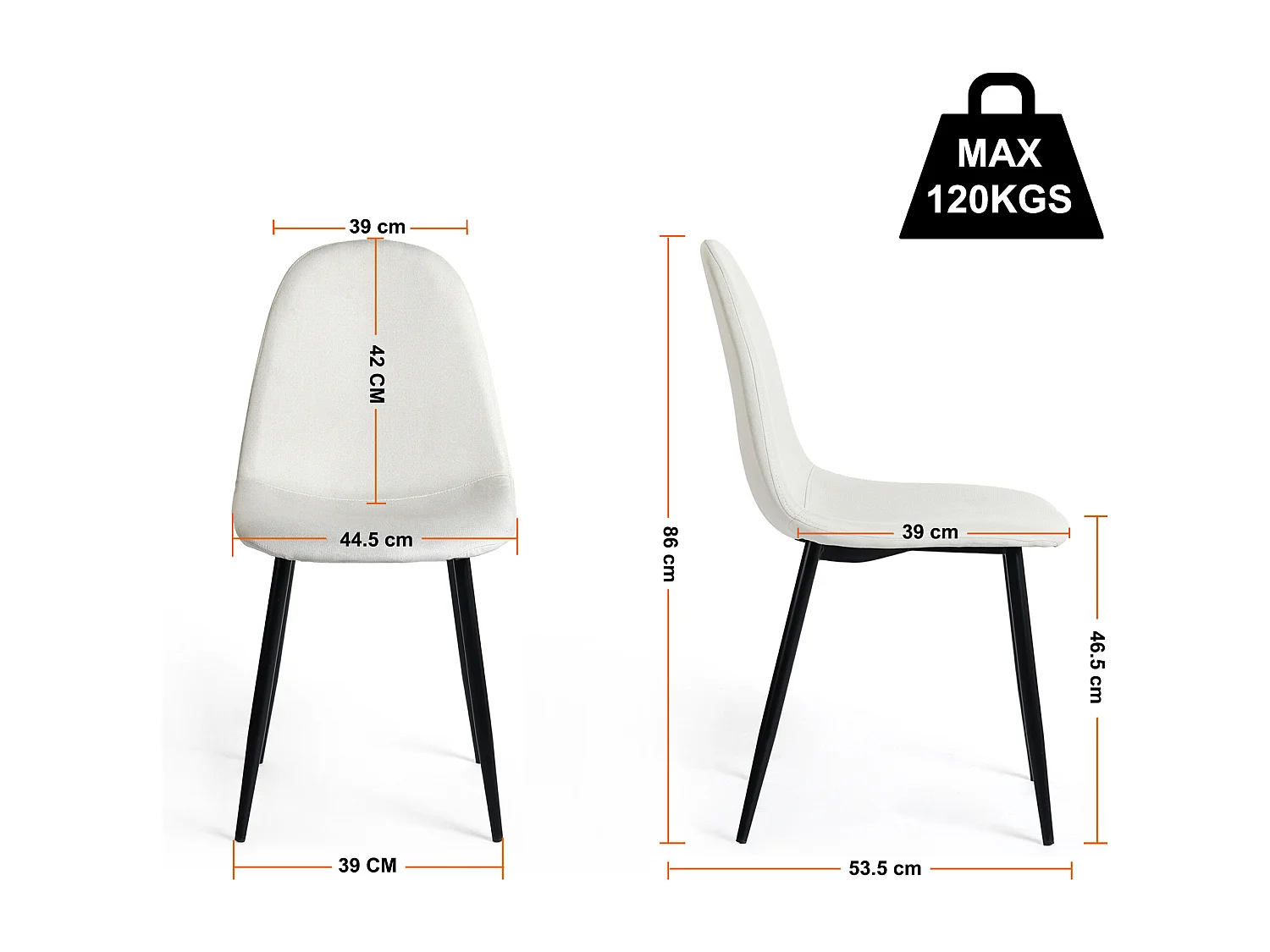 URBAN MEUBLE Lot de 4 chaises salle à manger scandinave tissu blanc cassé pieds noir 44*53*87cm