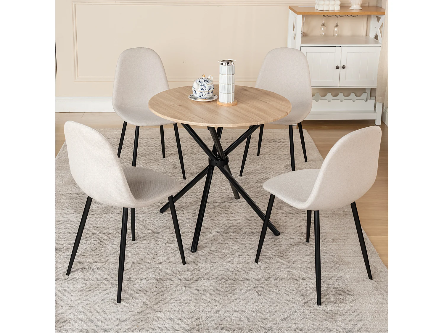 Set di 4 sedie da pranzo scandinave in tessuto bianco sporco con gambe nere 44*53*87 cm