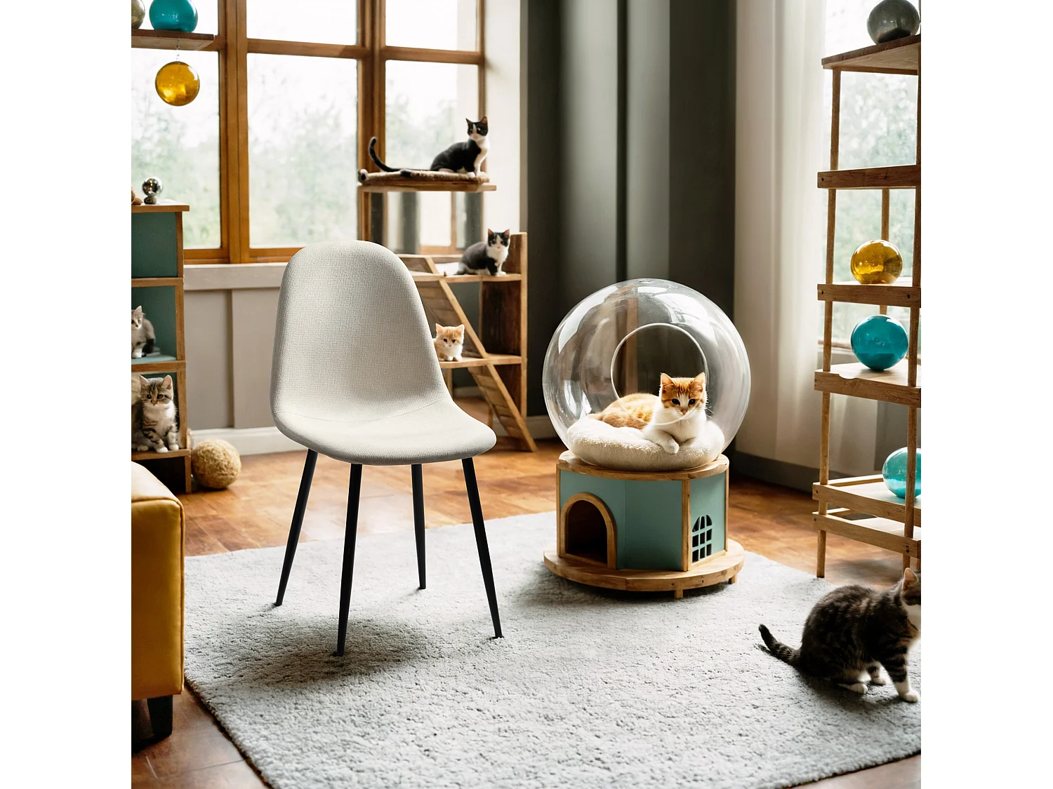 Set di 4 sedie da pranzo scandinave in tessuto bianco sporco con gambe nere 44*53*87 cm