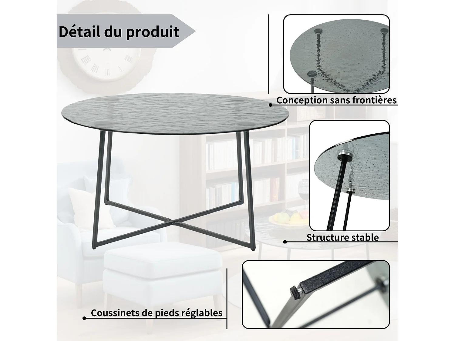 Table basse ronde en verre artisanal thermofusible noir et métal noir 80*80*45cm