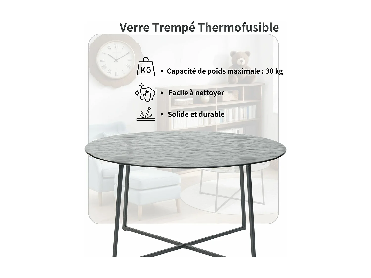 Table basse ronde en verre artisanal thermofusible noir et métal noir 80*80*45cm