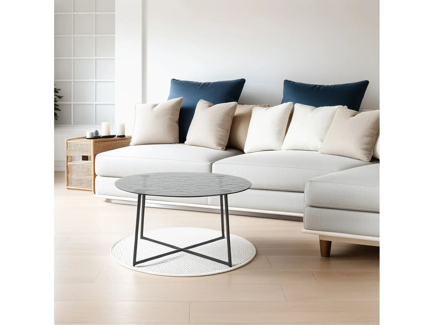 Table basse ronde en verre artisanal thermofusible noir et métal noir 80*80*45cm