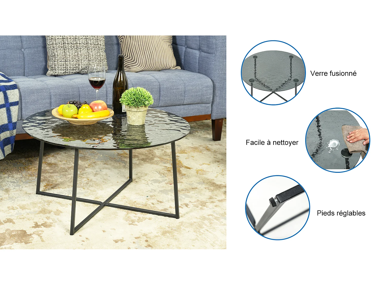 Table basse ronde en verre artisanal thermofusible noir et métal noir 80*80*45cm