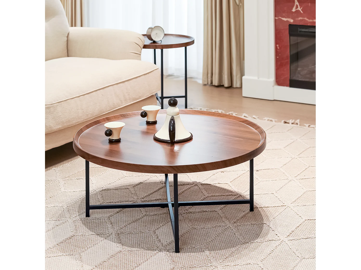 Ensemble table basse ronde plateau en bois pieds en métal HEAL A