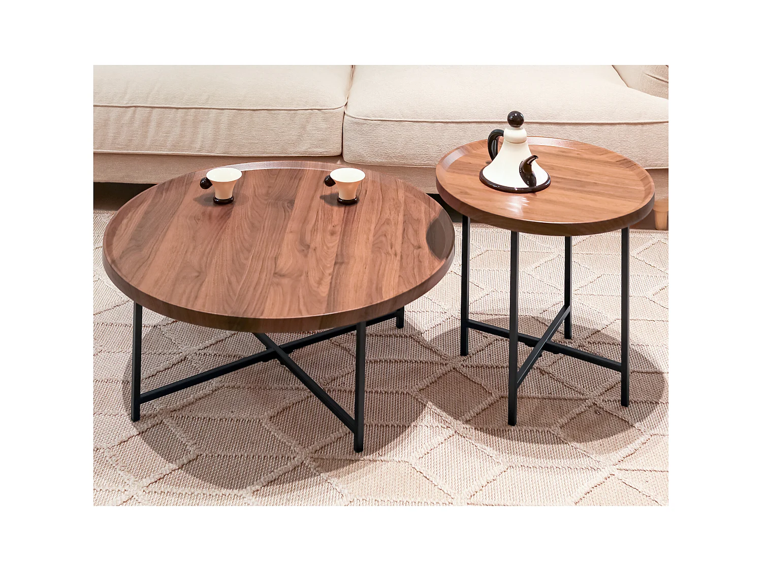 Ensemble table basse ronde plateau en bois pieds en métal HEAL A