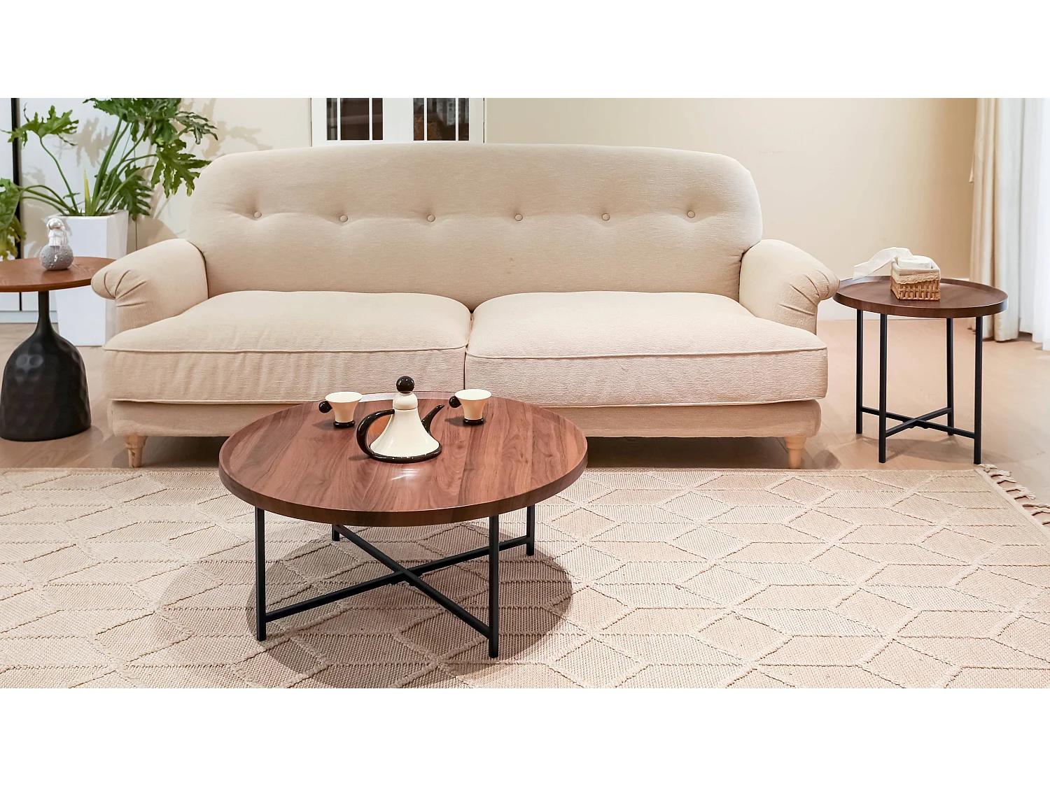 Ensemble table basse ronde plateau en bois pieds en métal HEAL A