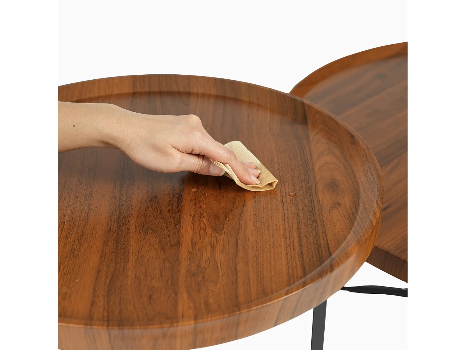 Ensemble table basse ronde plateau en bois pieds en métal HEAL A