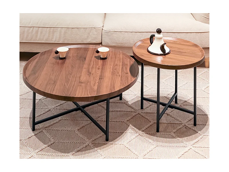 Ensemble table basse ronde plateau en bois pieds en métal HEAL A