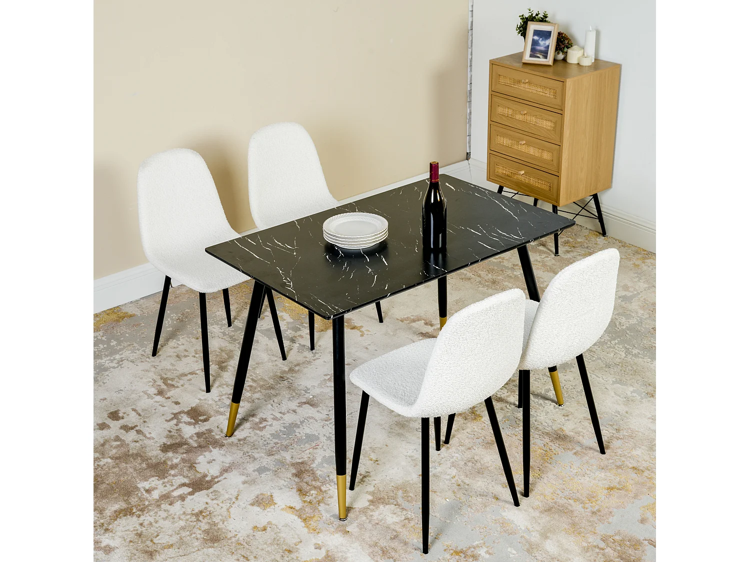 Table à manger rectangulaire imitation marbre noir et pieds noir doré 110*70CM