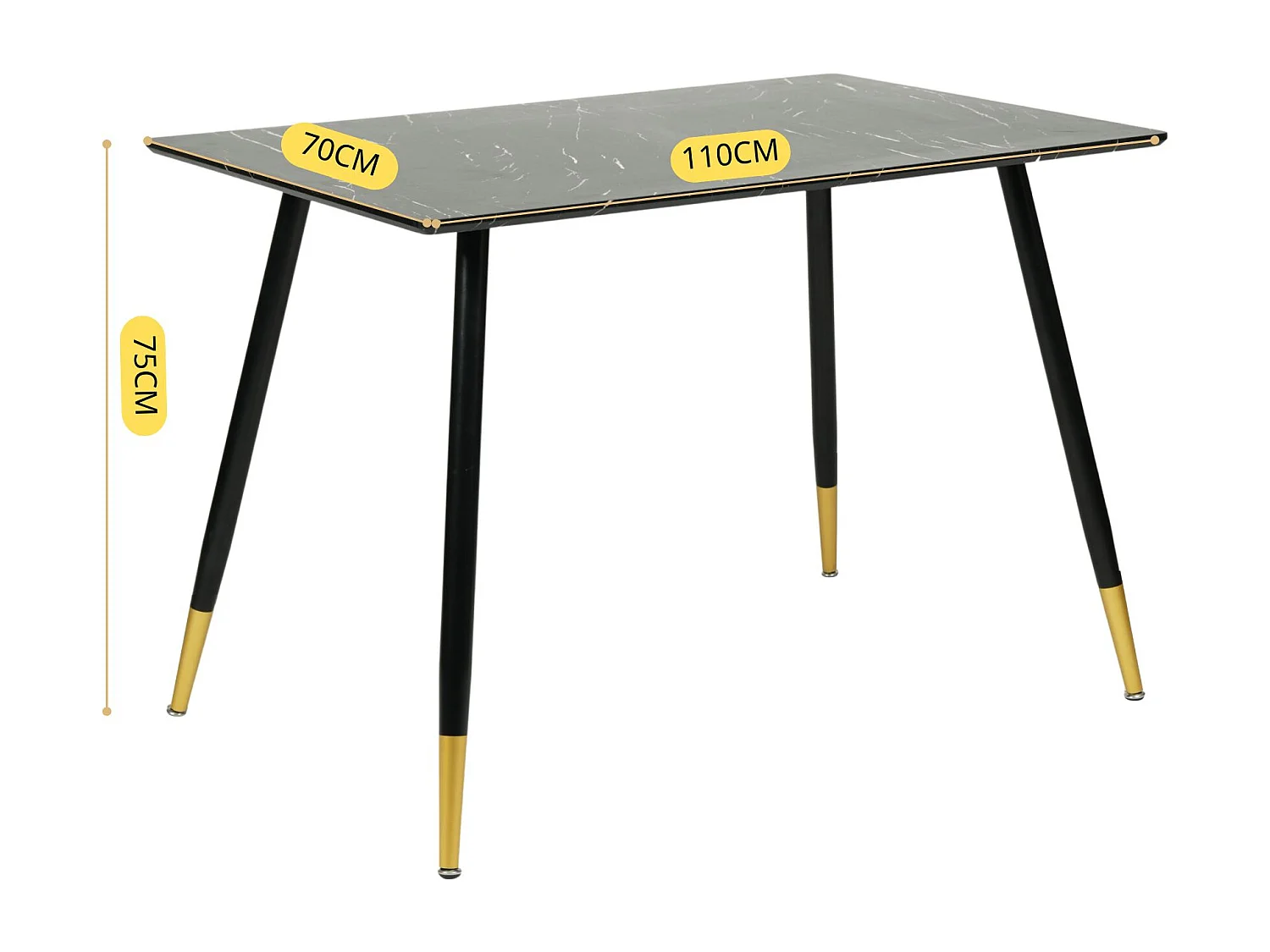 Table à manger rectangulaire imitation marbre noir et pieds noir doré 110*70CM