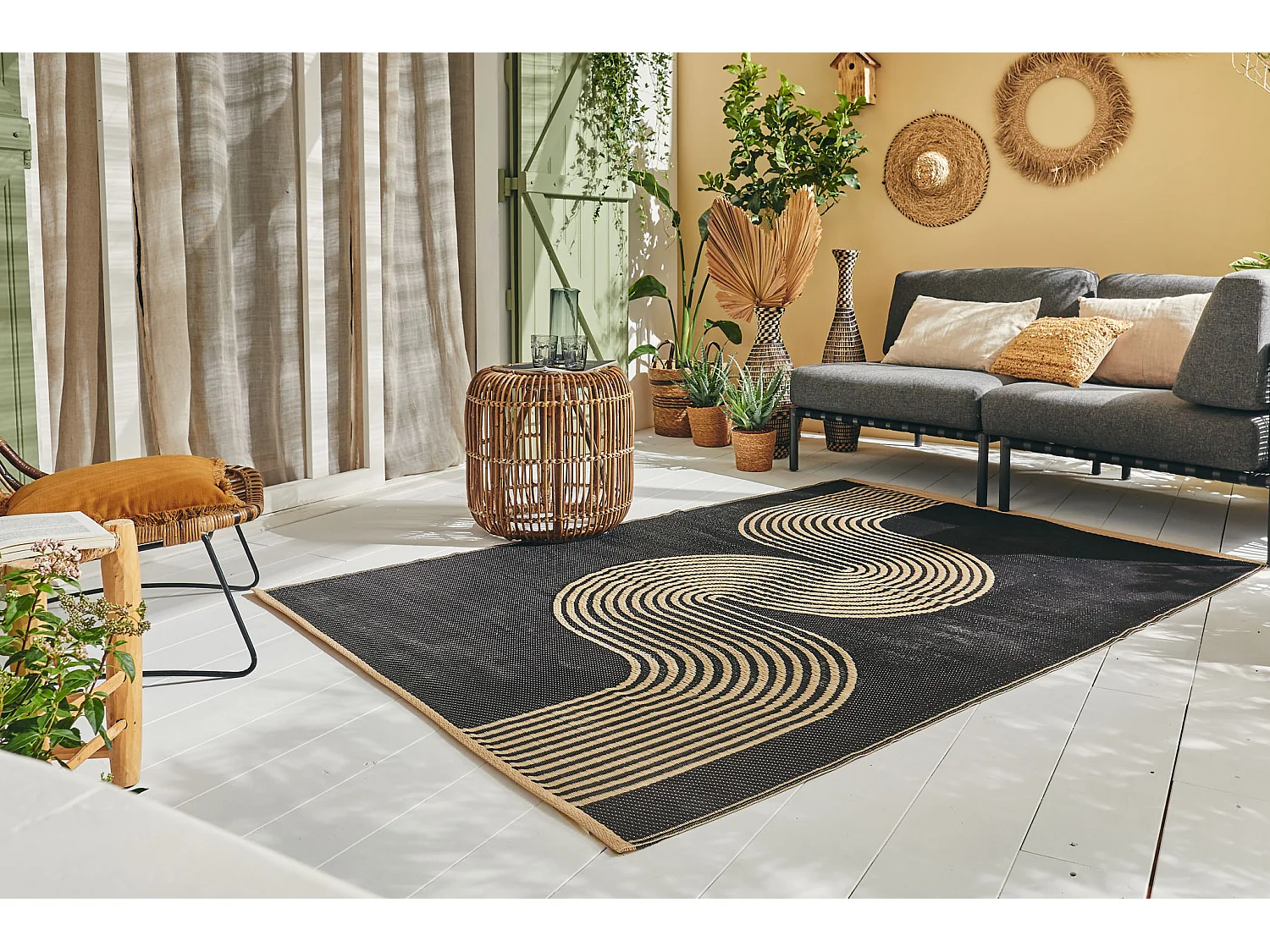Tapis vague - noir - extérieur - Capri - 150x220