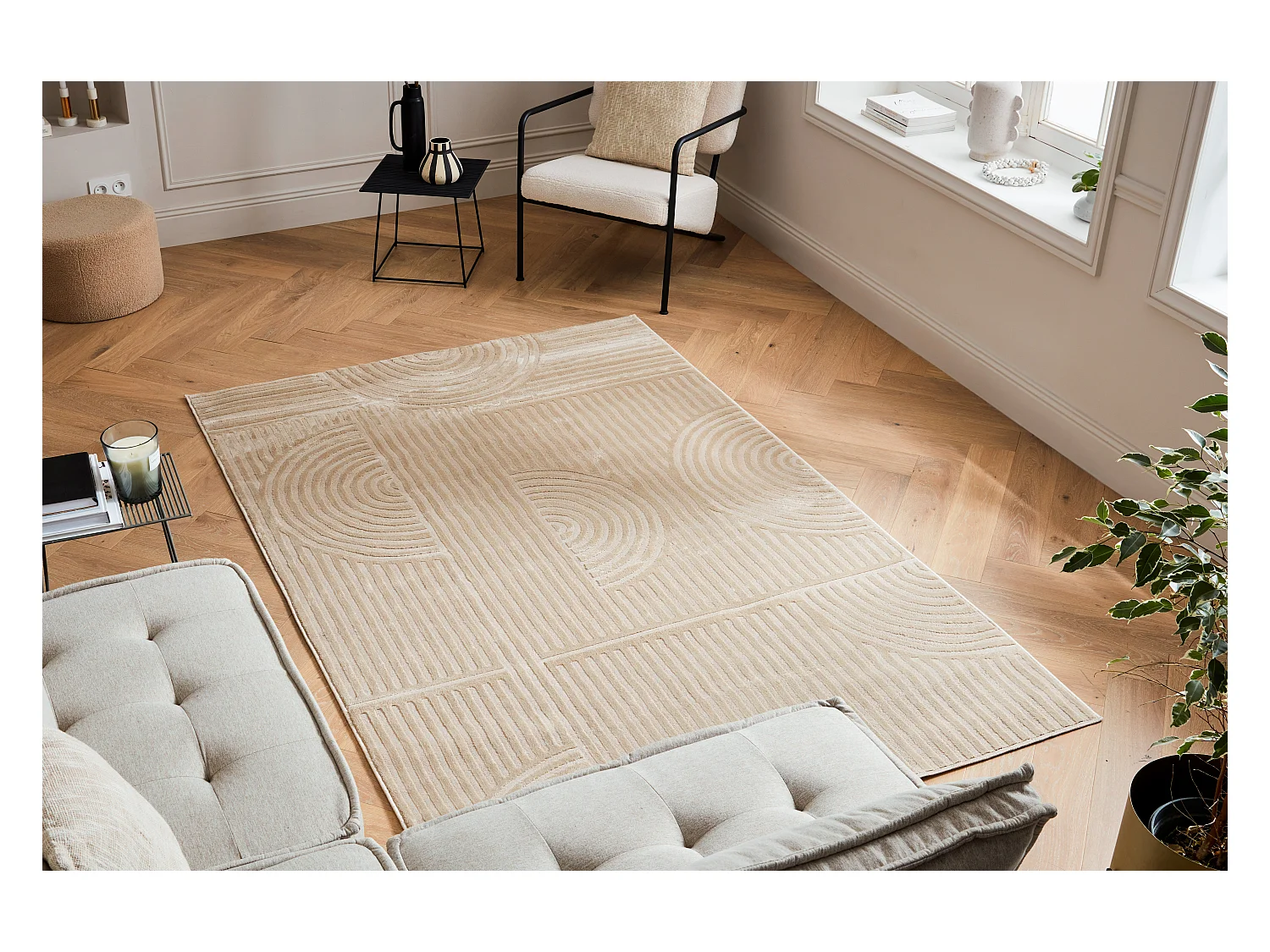 Tapis de salon - motif graphique - beige - Bloom - 200x280