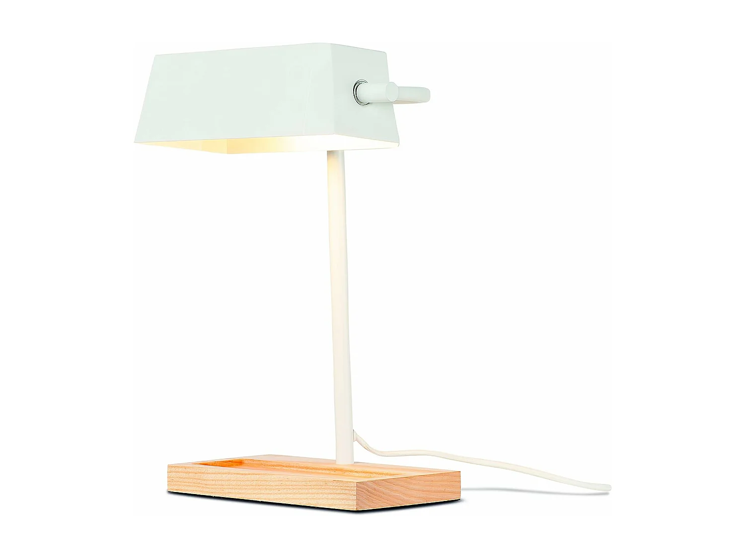 Wit metalen tafellamp met naturel houten voet