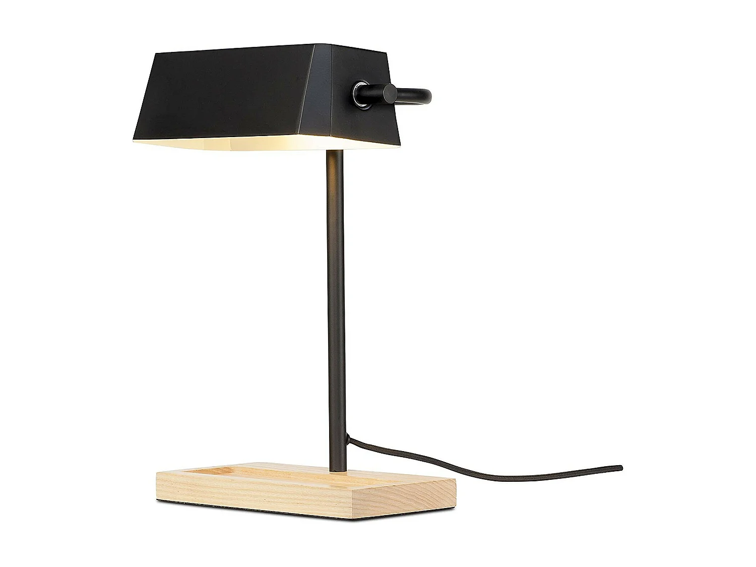 Zwart metalen tafellamp met naturel houten voet