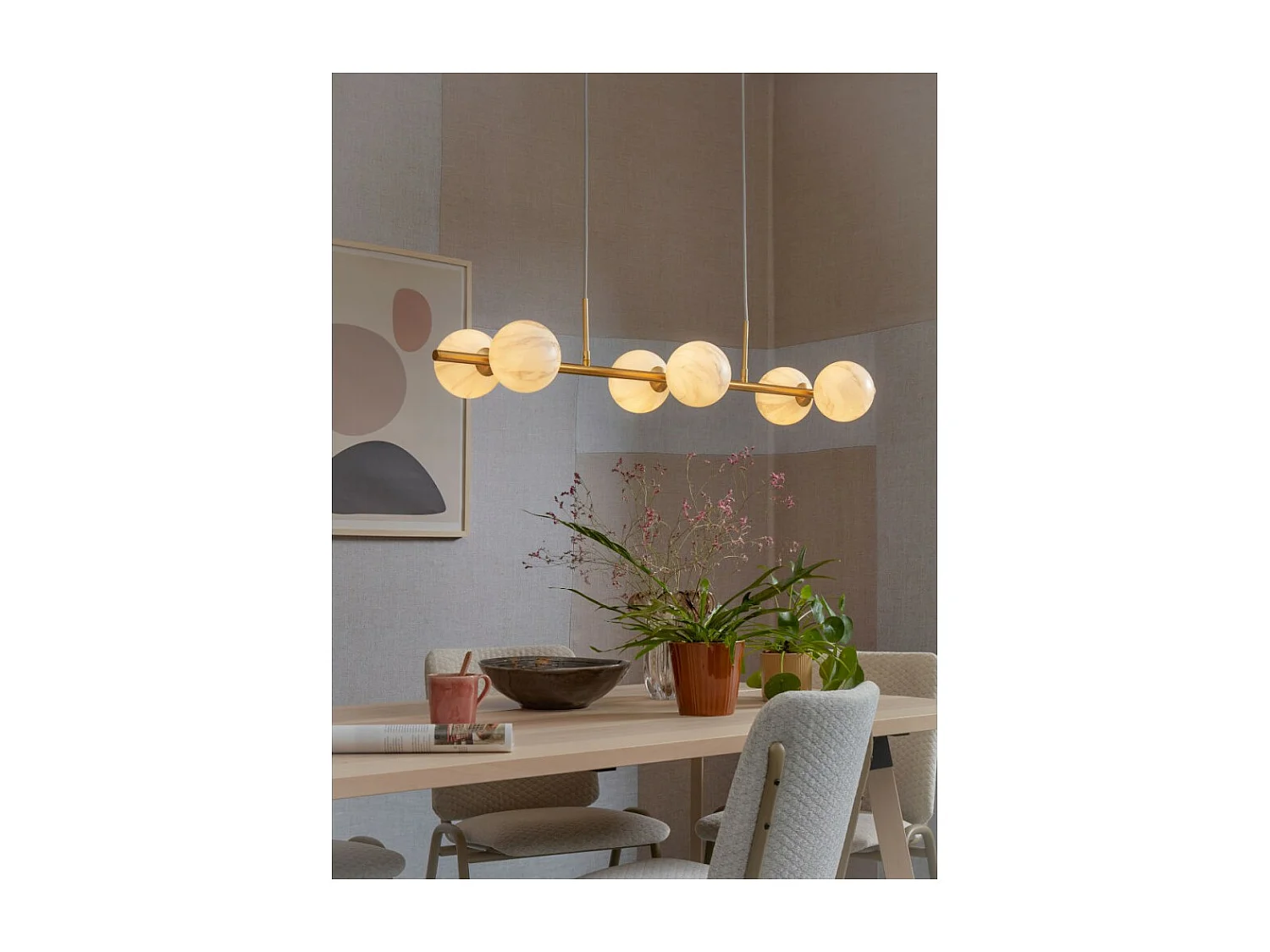 Lampe à suspension à 6 lumières, finition dorée, vasque en verre effet marbre