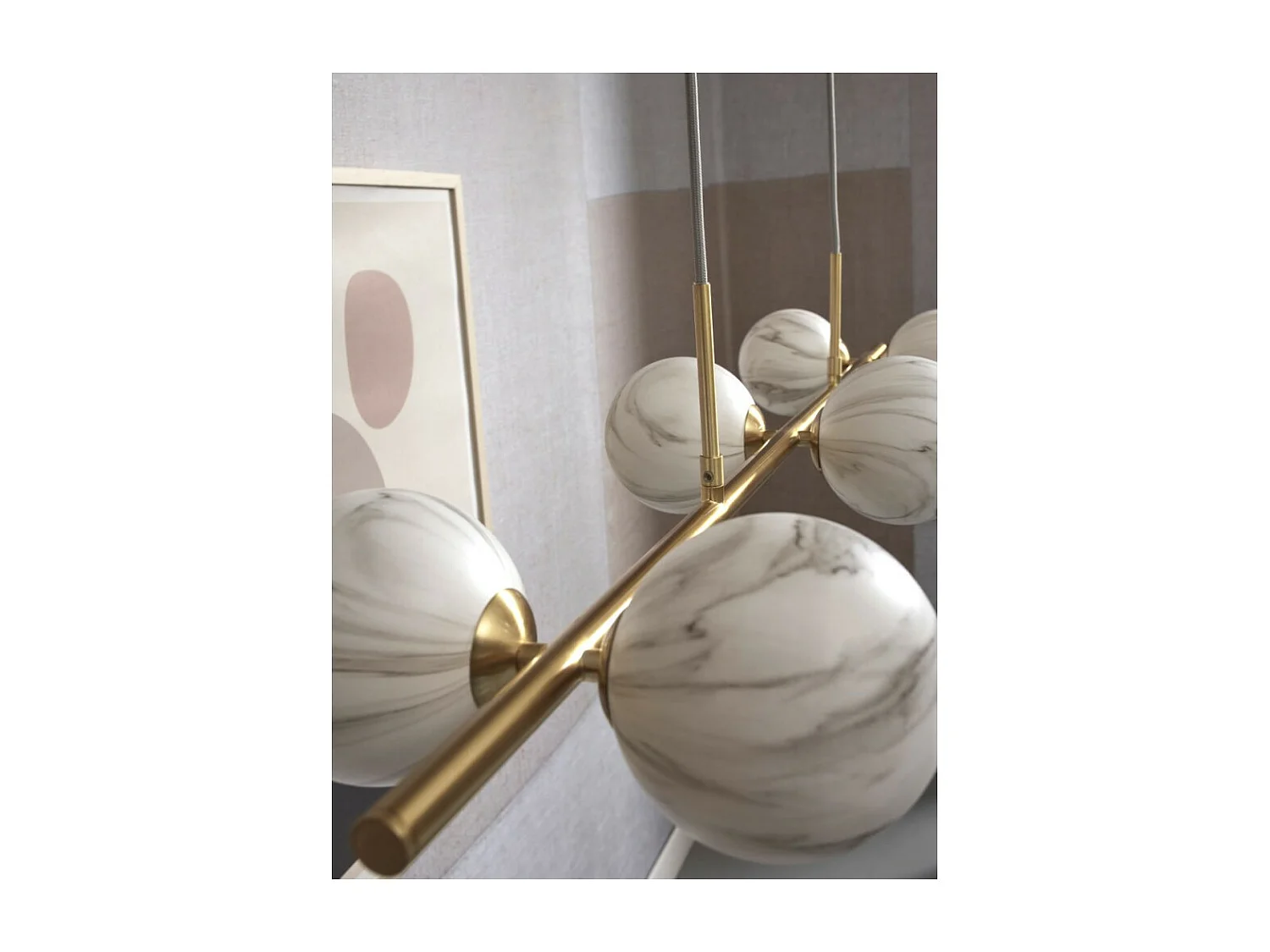 Lampe à suspension à 6 lumières, finition dorée, vasque en verre effet marbre