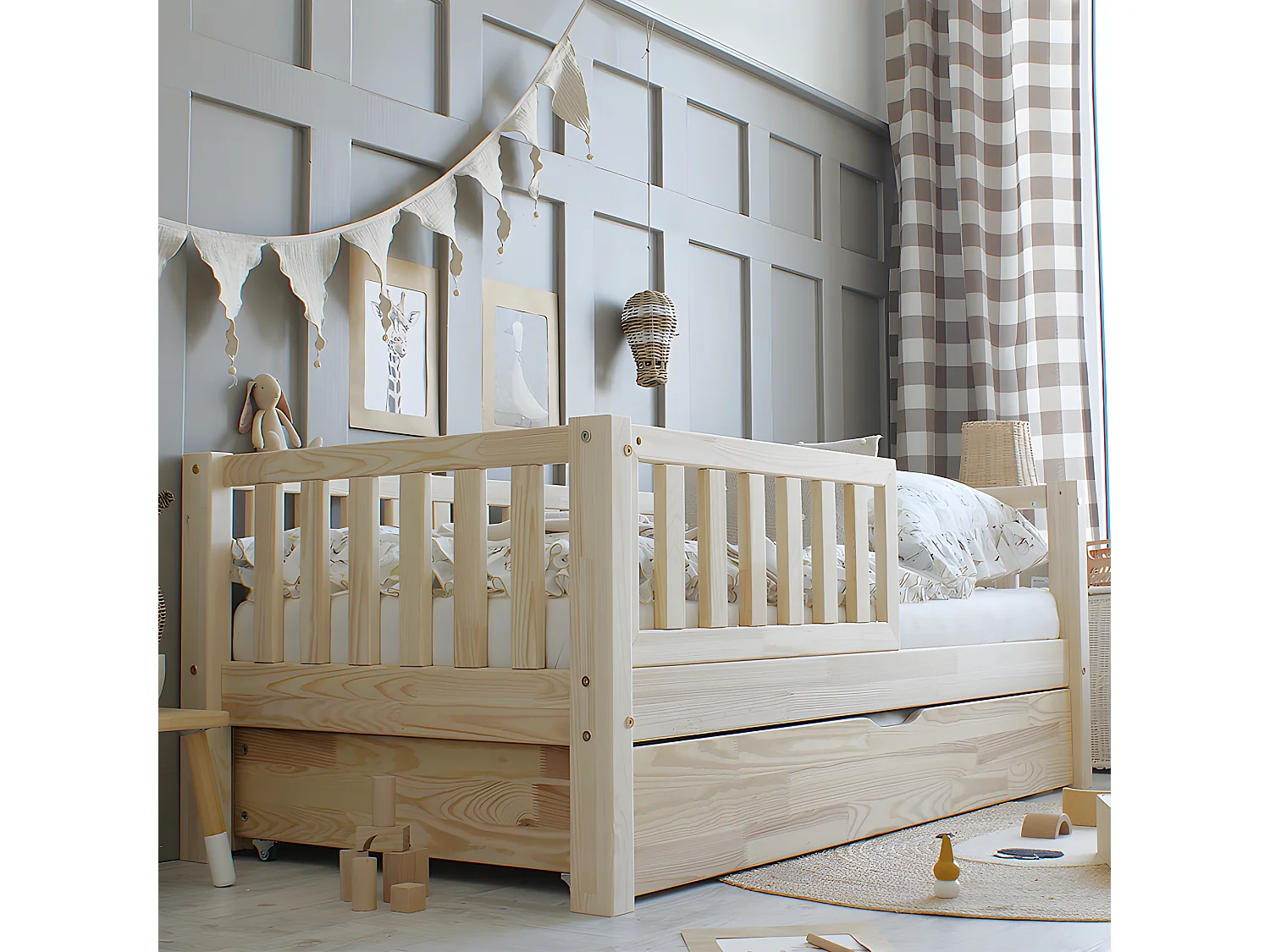 Cama com barreira 90x190 incluindo estrado de molas e gaveta Agnès Bois