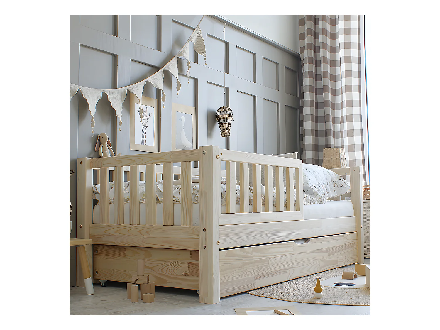 Lit 90x190 barrière sommier et tiroir inclus Agnès Bois