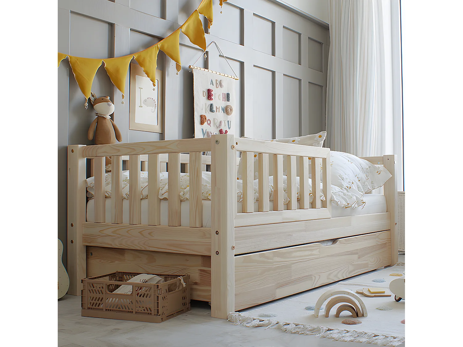 Lit 90x190 barrière sommier et tiroir inclus Agnès Bois