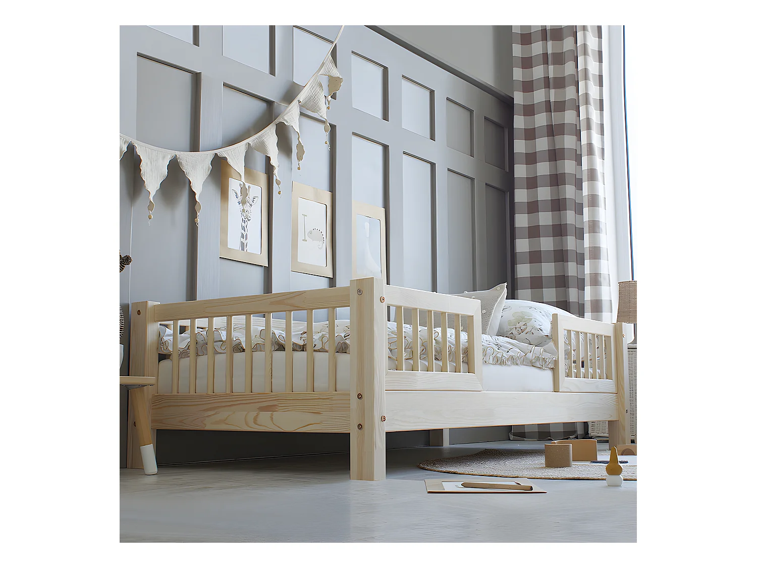 Lit 90x200 barrières et sommier inclus pieds 10 cm Adèle Bois