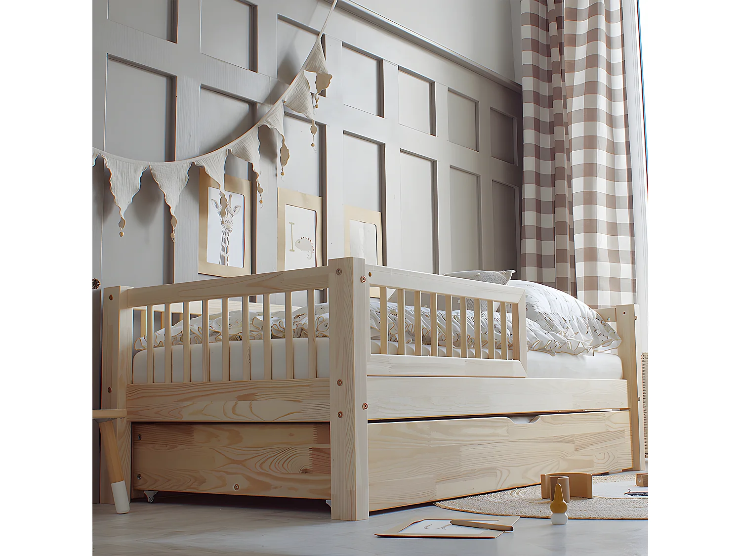 Cama com barreira 90x190 incluindo estrado de molas e gaveta Adèle Bois