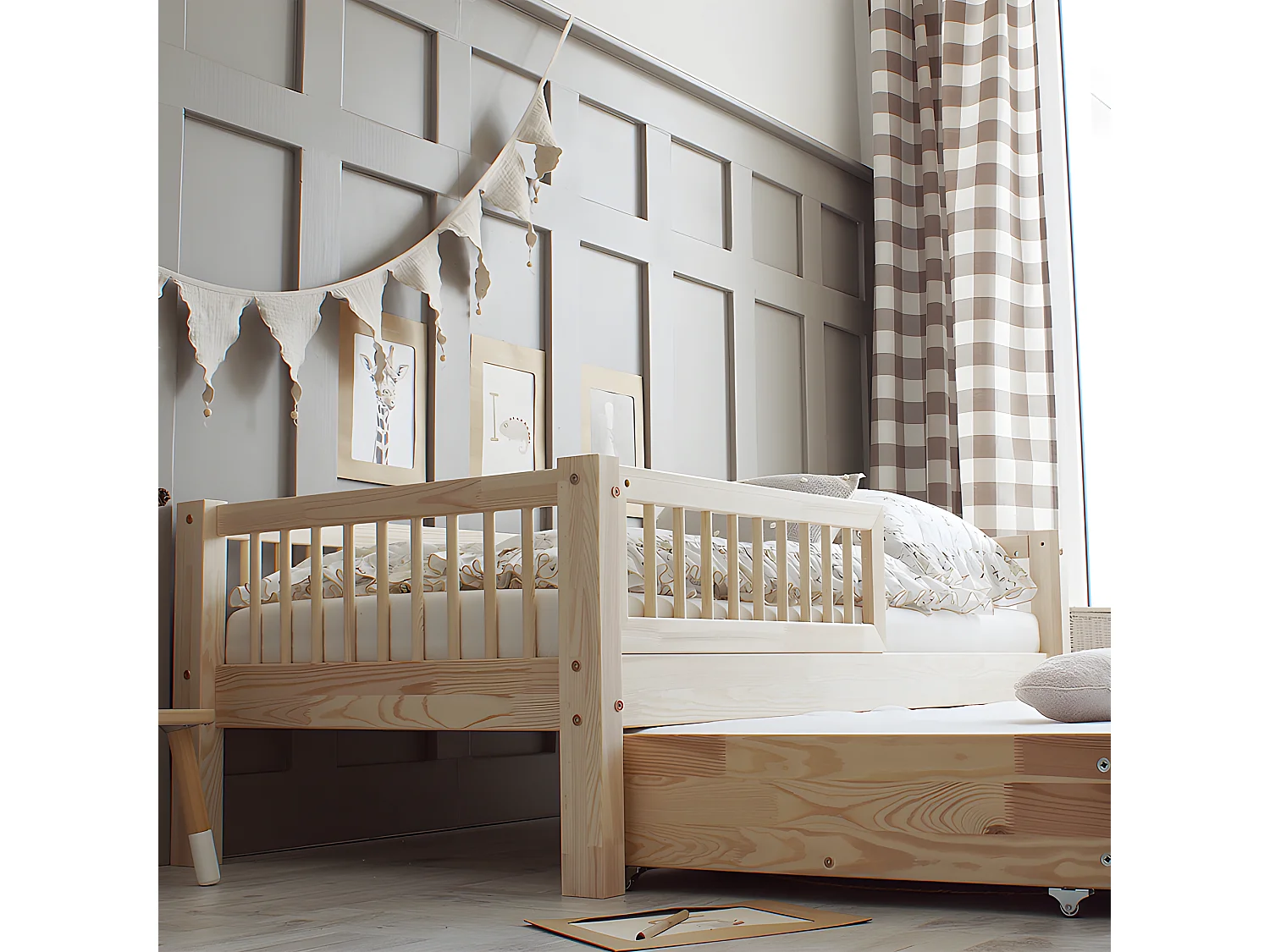 Cama com barreira 90x190 incluindo estrado de molas e gaveta Adèle Bois