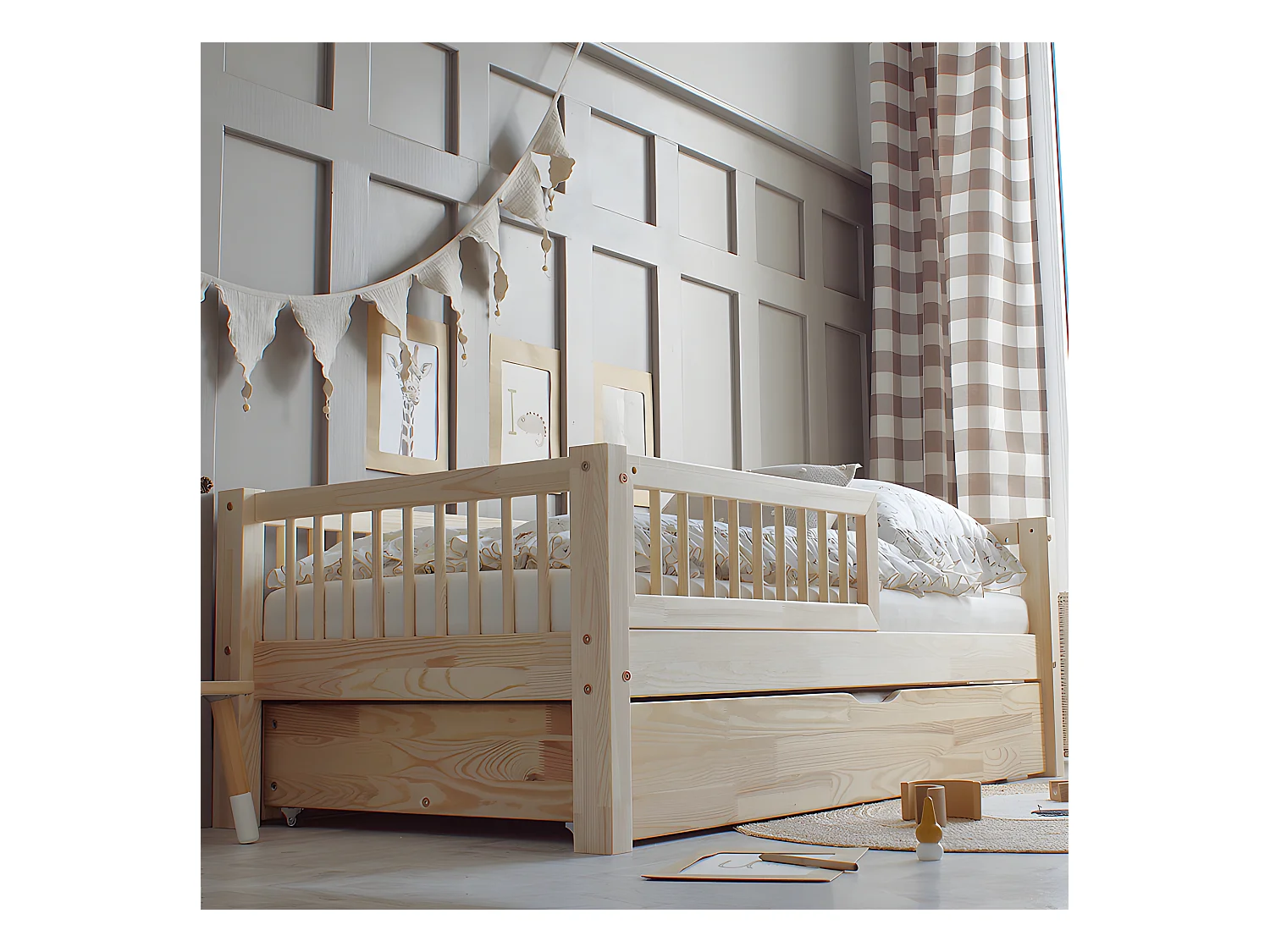 Lit 90x190 barrière sommier et tiroir inclus Adèle Bois