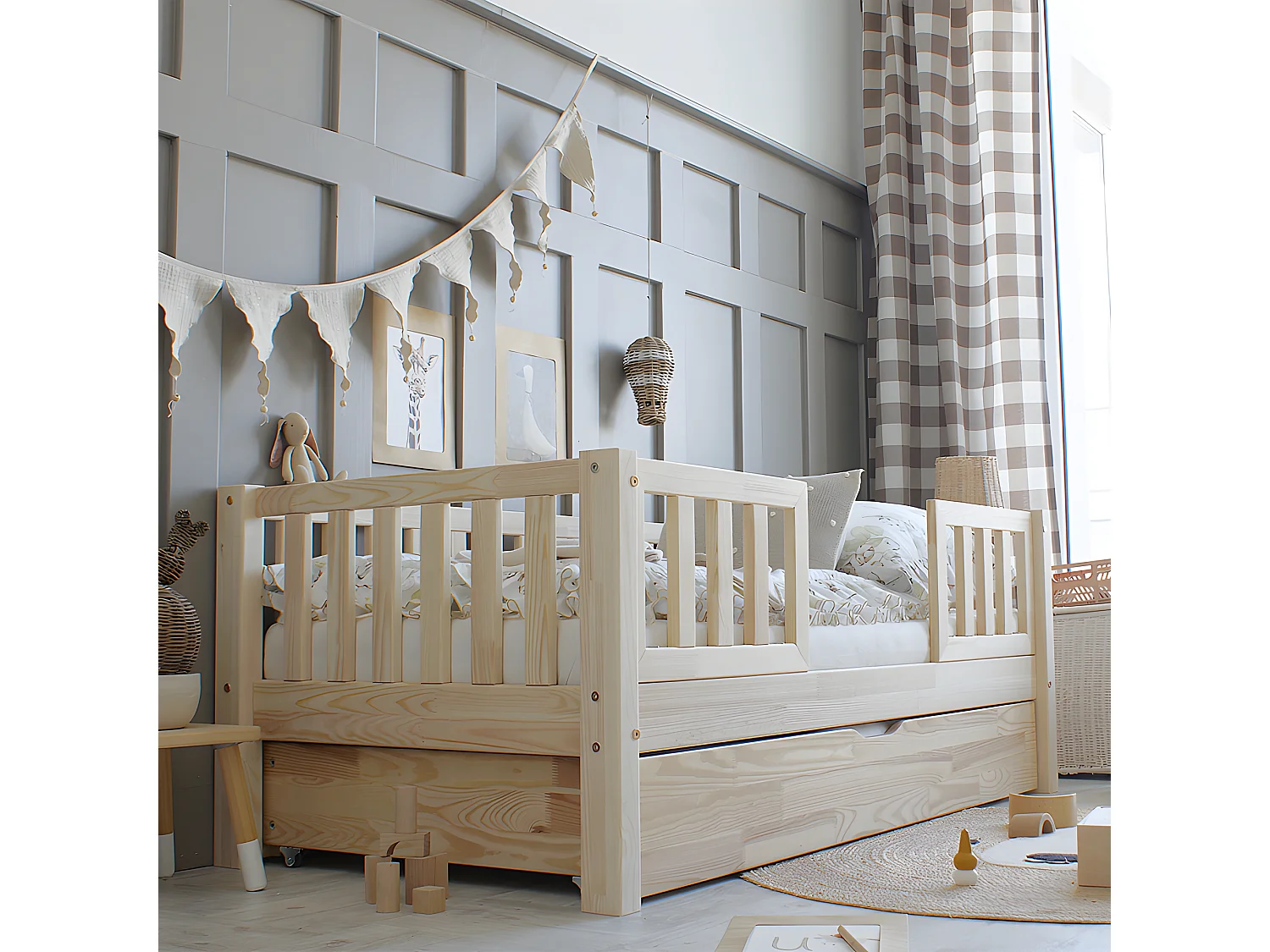 Letto a barriera Agnès Bois 90x190 con rete a doghe e cassetto