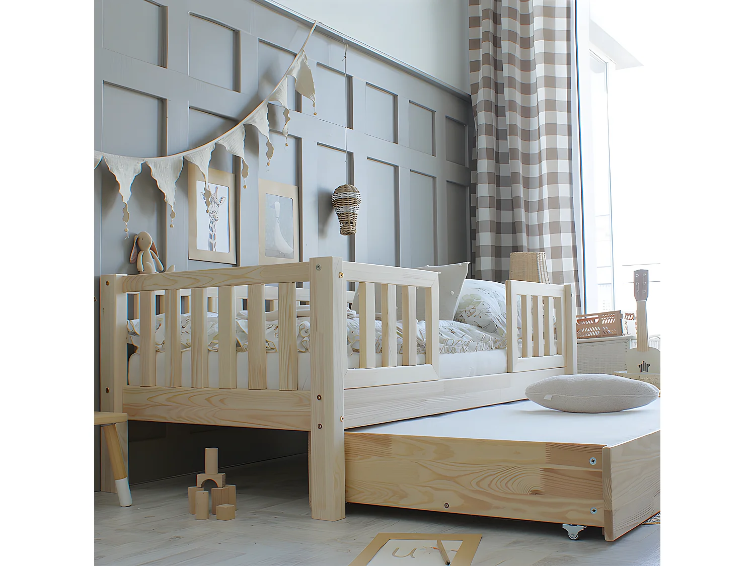 Cama de barreira Agnès Bois 90x190 com base de ripas e gaveta