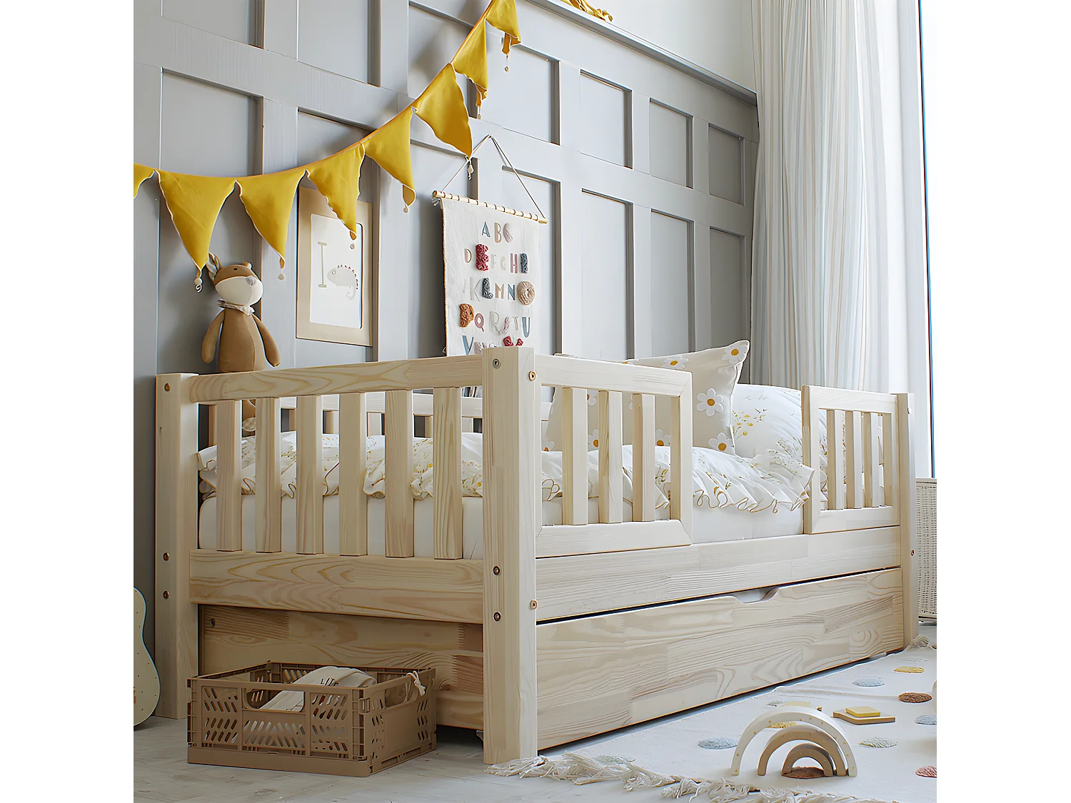 Cama de barreira Agnès Bois 90x190 com base de ripas e gaveta