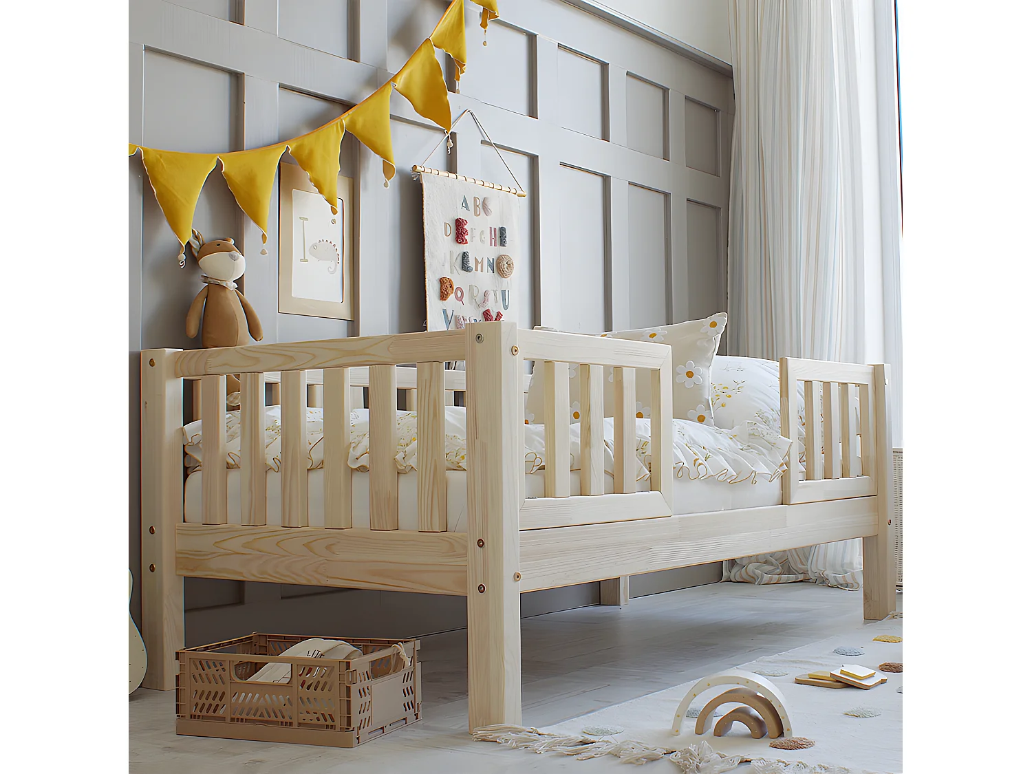 Cama de barreira Agnès Bois 90x190 com base de ripas e gaveta