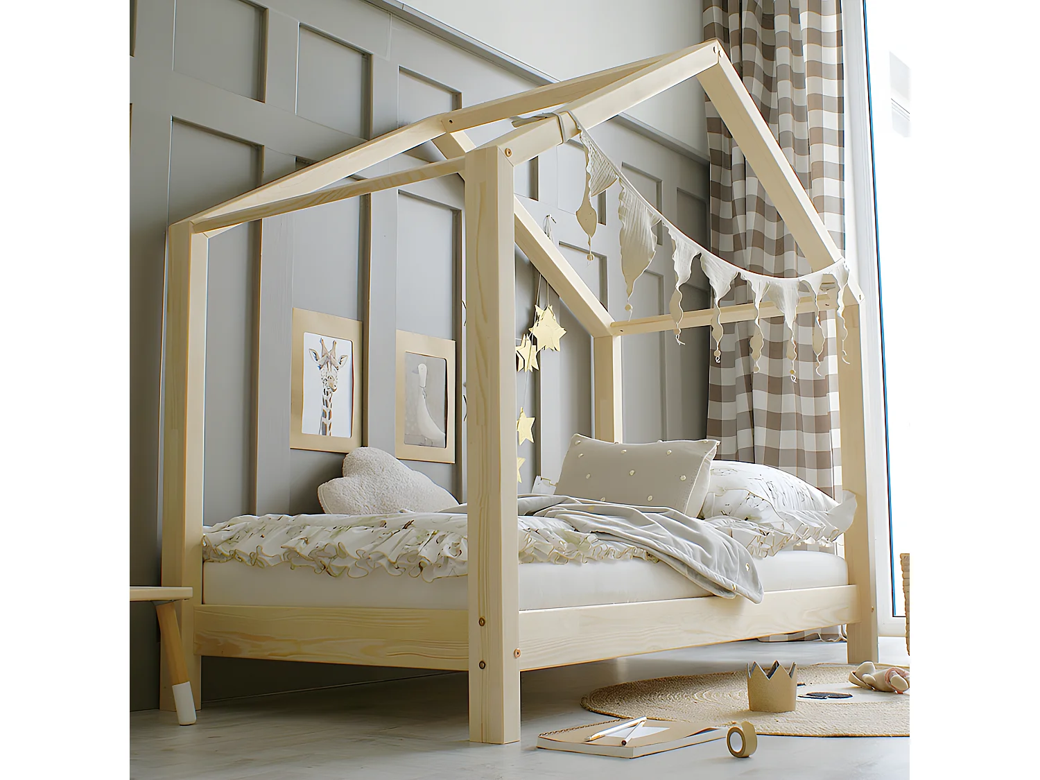 Lit cabane 90x200 sommier inclus pieds 10 cm Susan Bois