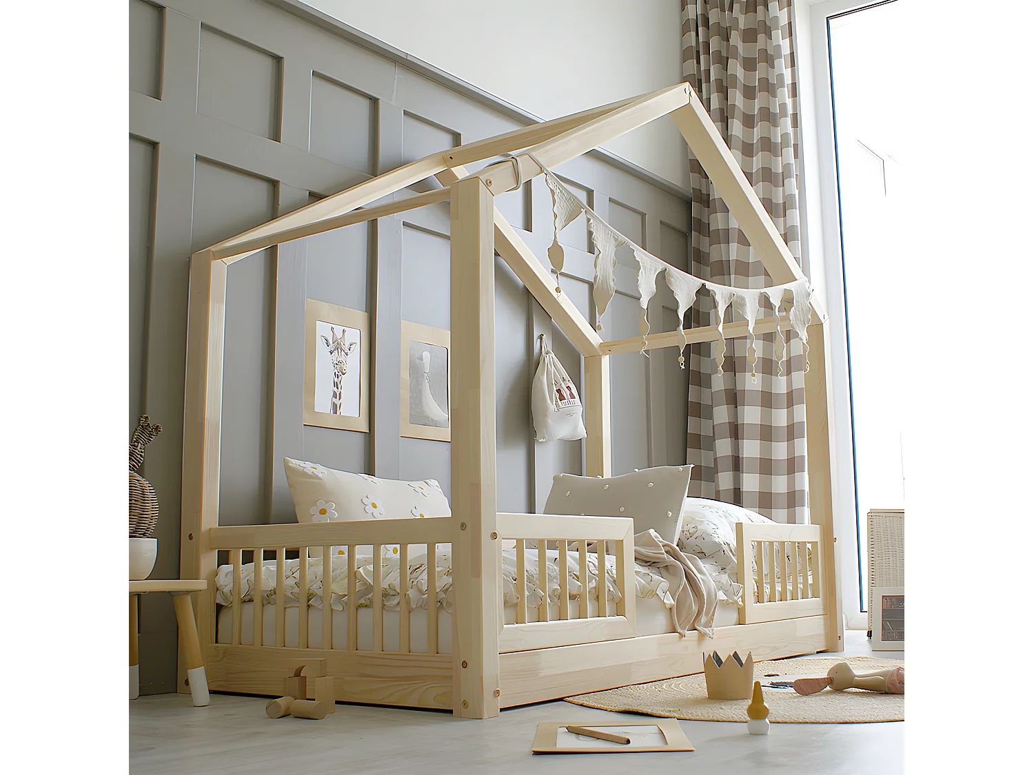 Lit cabane 90x200 barrières et sommier inclus pieds 1 cm Iris Bois