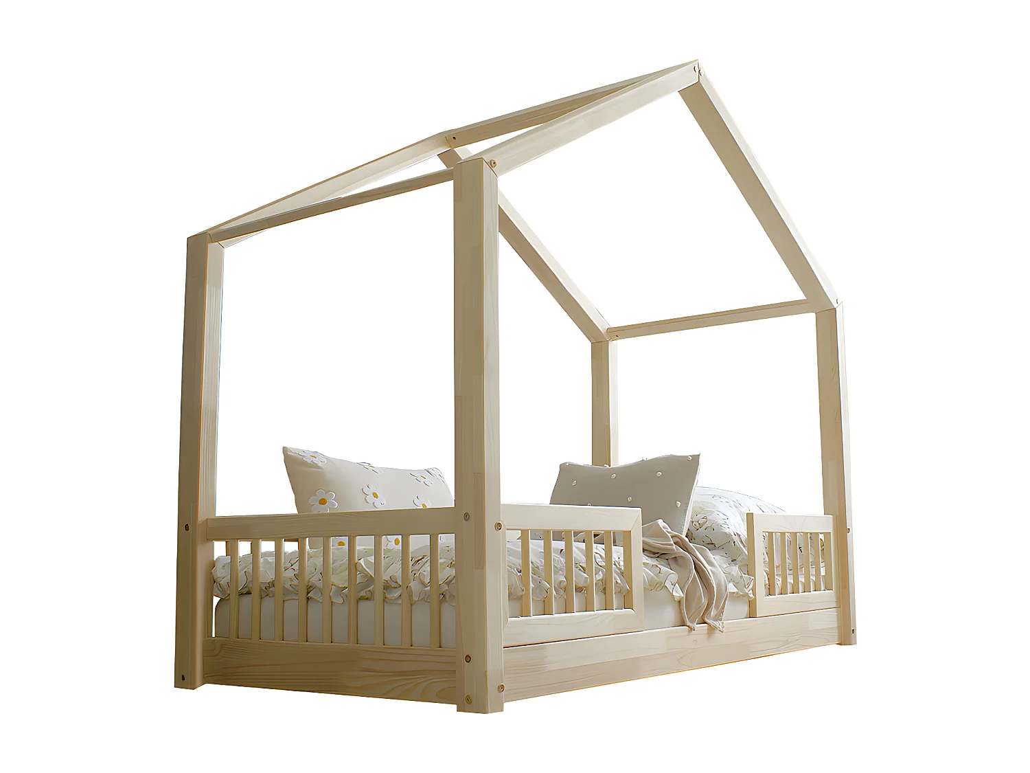 Lit cabane 90x200 barrières et sommier inclus pieds 1 cm Iris Bois