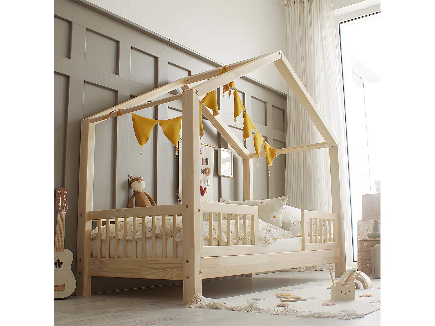 Lit cabane 90x190 barrières et sommier inclus pieds 10 cm Iris Bois