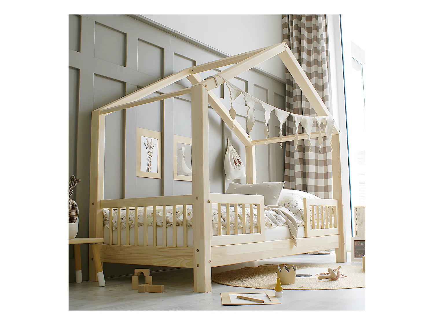 Lit cabane 90x190 barrières et sommier inclus pieds 10 cm Iris Bois