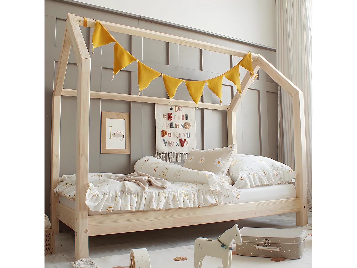 Lit cabane 90x190 sommier inclus pieds 10 cm Rachel Bois