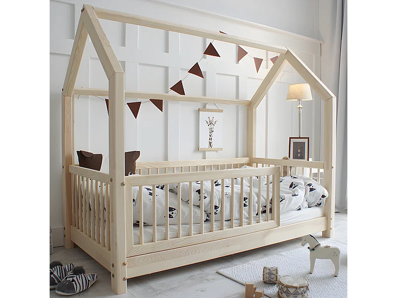 Lit cabane 90x190 barrière et sommier inclus pieds 5 cm Florie Bois