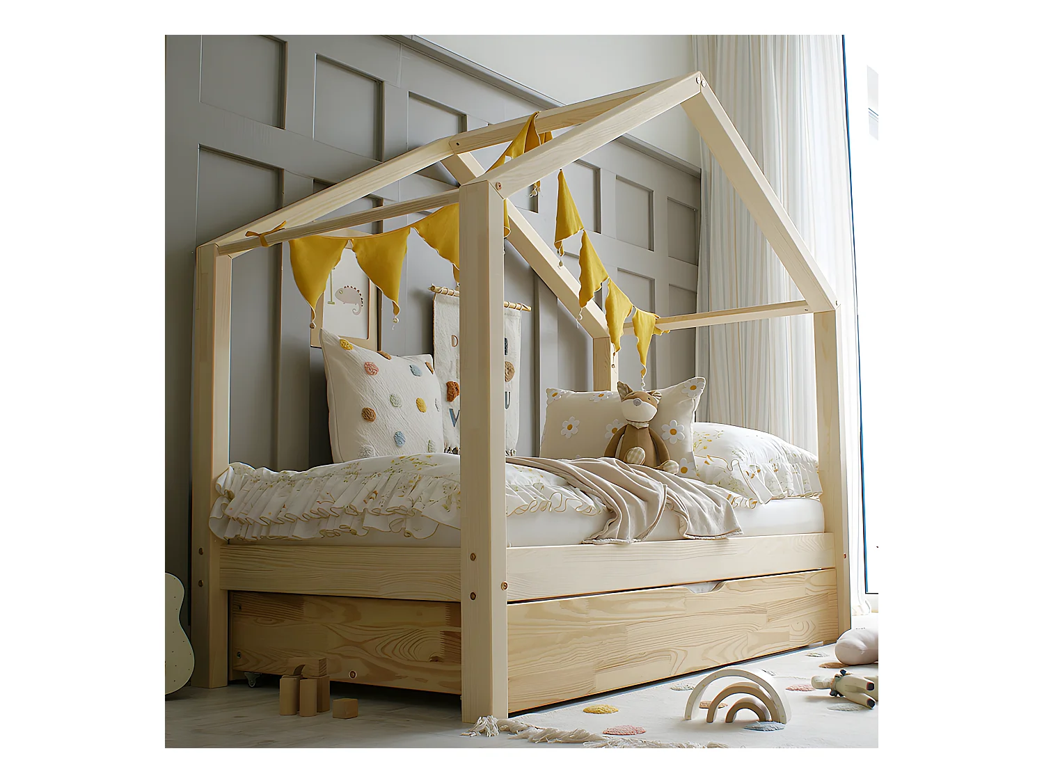 Lit cabane 90x190 sommier et tiroir inclus Susan Bois