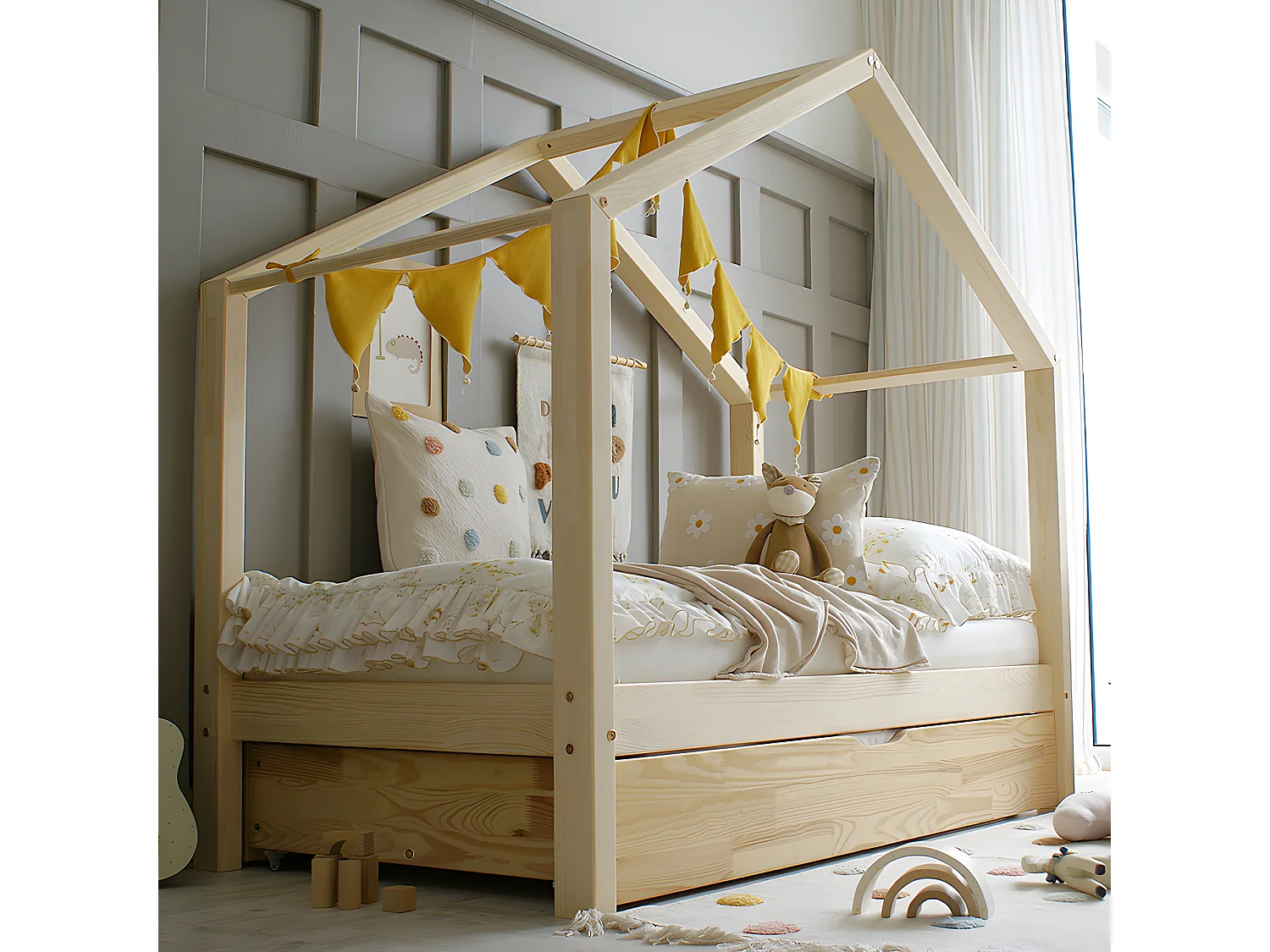 Lit cabane 90x190 sommier et tiroir inclus Susan Bois