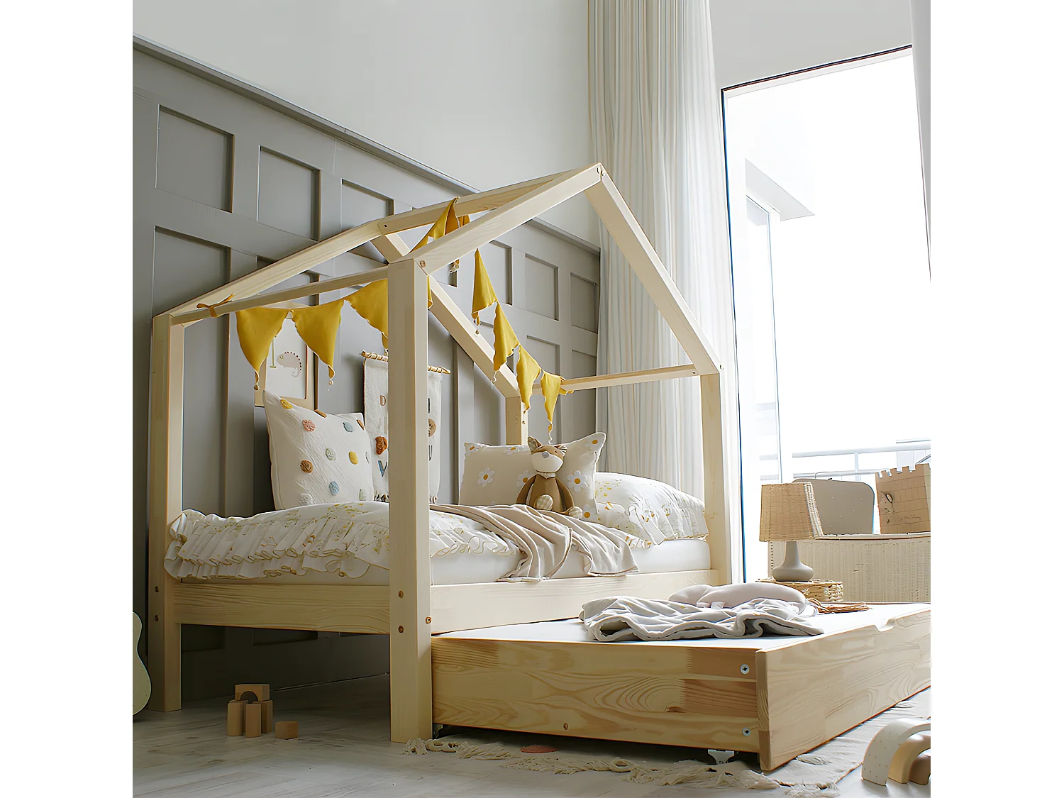 Lit cabane 90x190 sommier et tiroir inclus Susan Bois